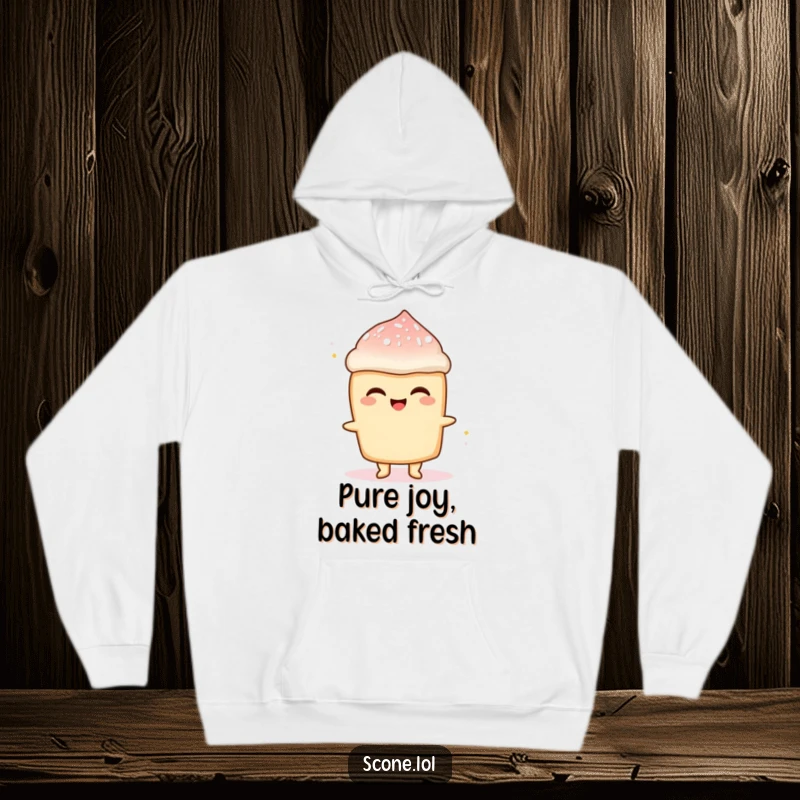 Funny Scone Sugar Rush Hoodie: A soft hoodie featuring a scone character radiating delight with flying powdered sugar.