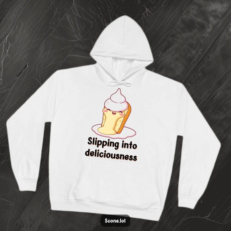 Funny Scone Cream Slide Hoodie: A plush hoodie featuring a scone mid-slide on cream, offering cozy humor.