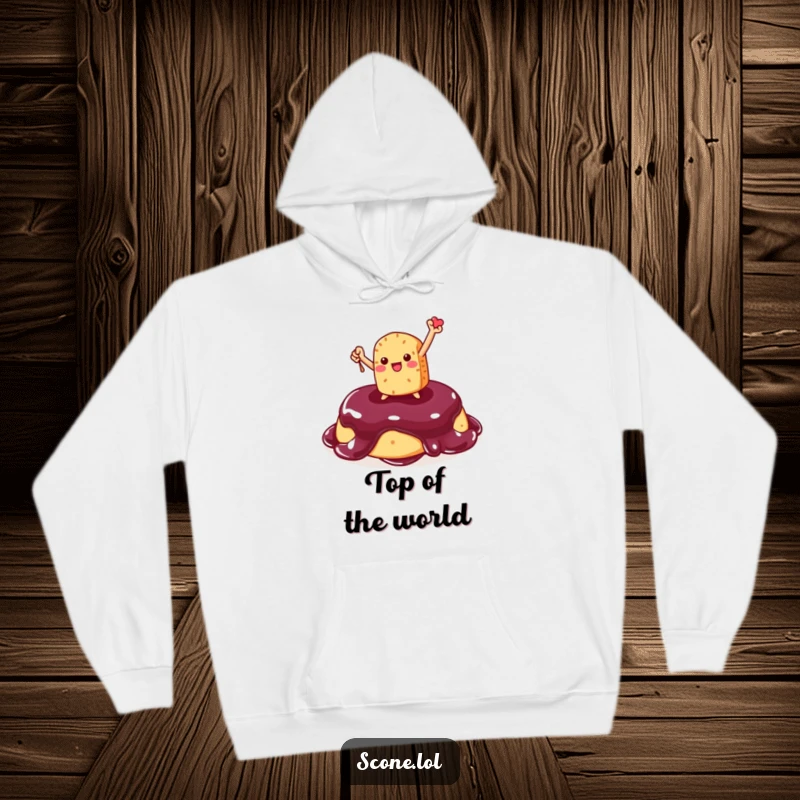 Funny Scone Hoodie: A warm hoodie featuring a triumphant scone character atop jam, embodying delicious, funny success.