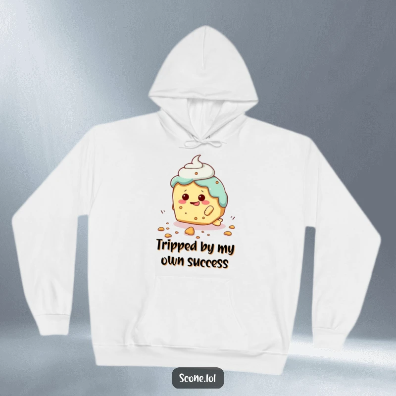 Funny hoodie featuring a scone character comically stumbling over a crumb, embodying relatable, humorous accidents.