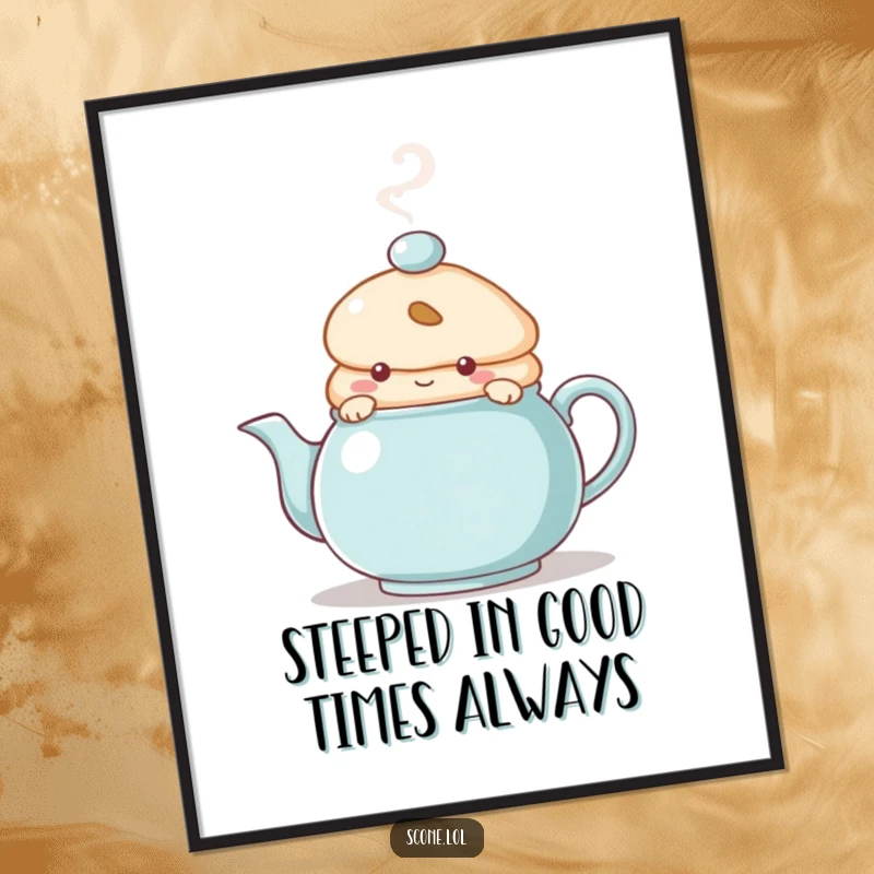 Funny Free Printable Wall Art of a scone character curiously peeking from behind a steaming teapot, a cozy and humorous scene.
