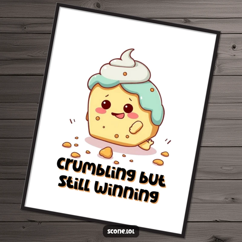 Funny Free Printable Wall Art: A scone character comically tripping over a tiny crumb, in a moment of silliness.