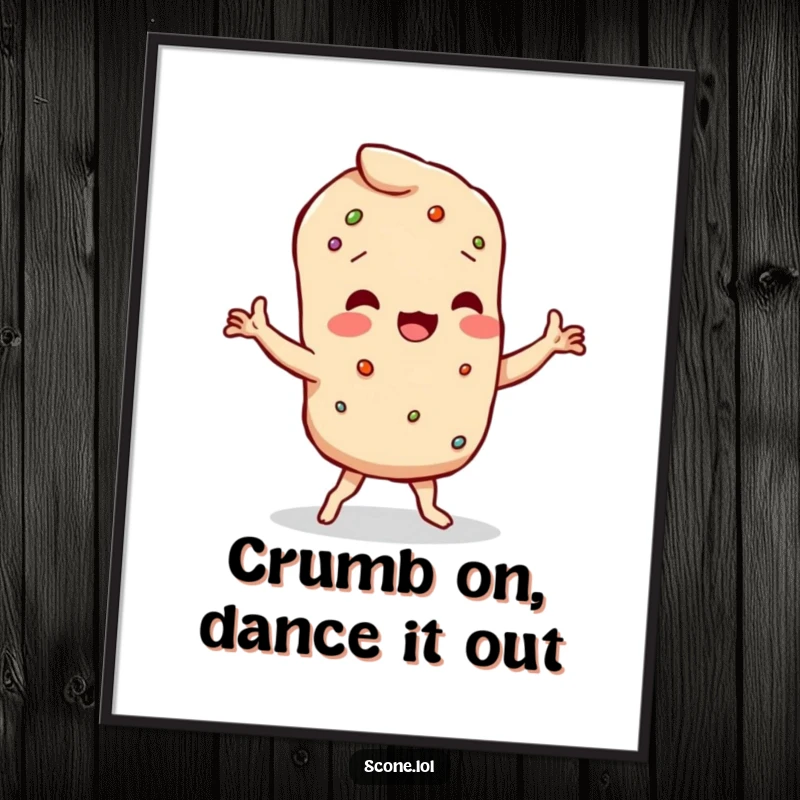 Funny Free Printable Wall Art of a scone character with crumbly limbs doing a joyous, wobbly dance.