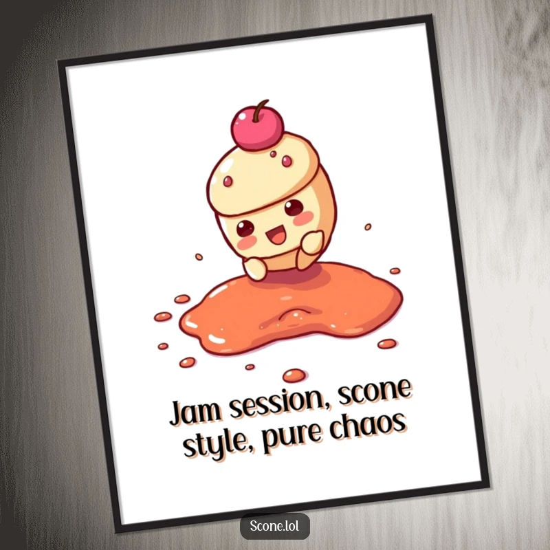 Funny Free Printable Wall Art: A scone character dramatically sliding across a vibrant jam puddle, mid-action.