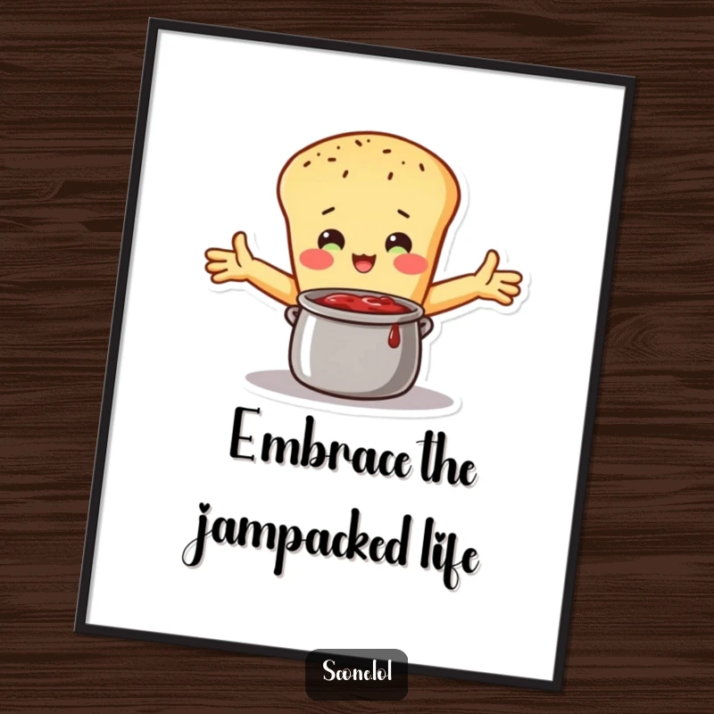 Funny Free Printable Wall Art: Scone character with open arms, giving a loving embrace to a full pot of jam.