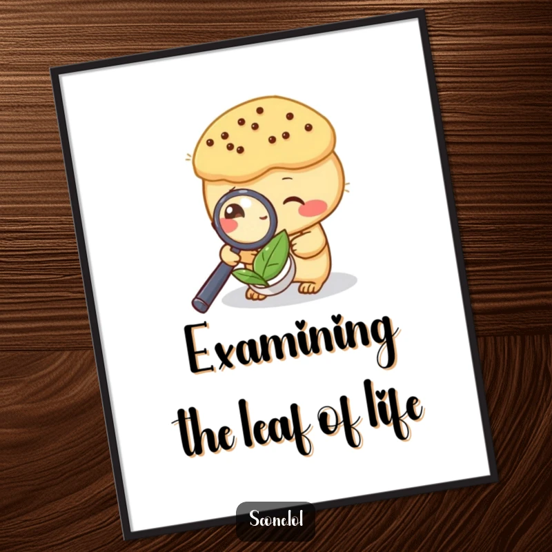 Funny Free Printable Wall Art: A scone intently examines a tea leaf with a magnifying glass. Humorous and detailed downloadable art.