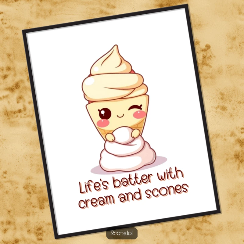 Funny free printable wall art of a scone character winking slyly while balancing a dollop of cream.