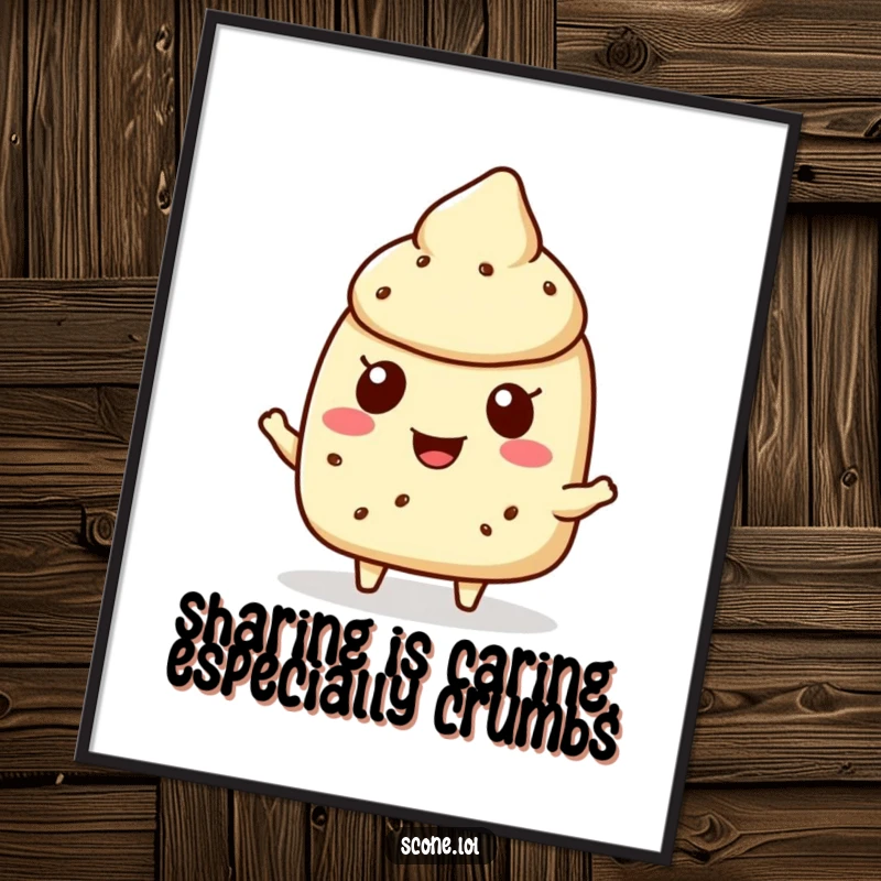 Funny Free Printable Wall Art showcasing a cheerful scone character happily offering a single, tempting crumb.