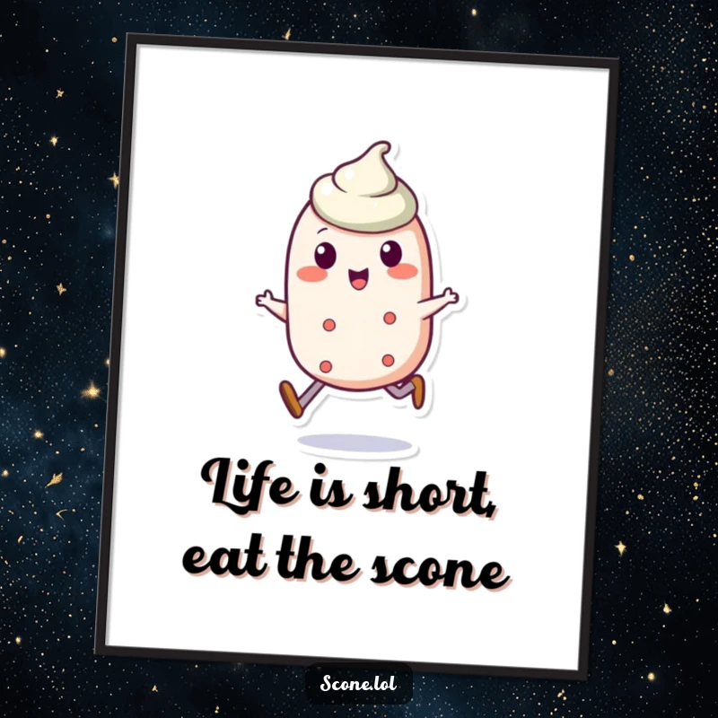 Funny Free Printable Wall Art of a scone character doing a spirited, jaunty little skip, bringing cheerful vibes.