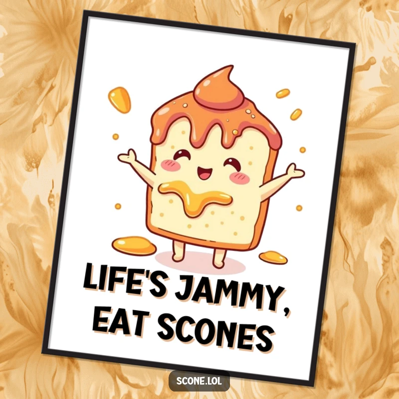 Whimsical free printable wall art of a scone doing a joyful dance, with jam spreading playfully around.