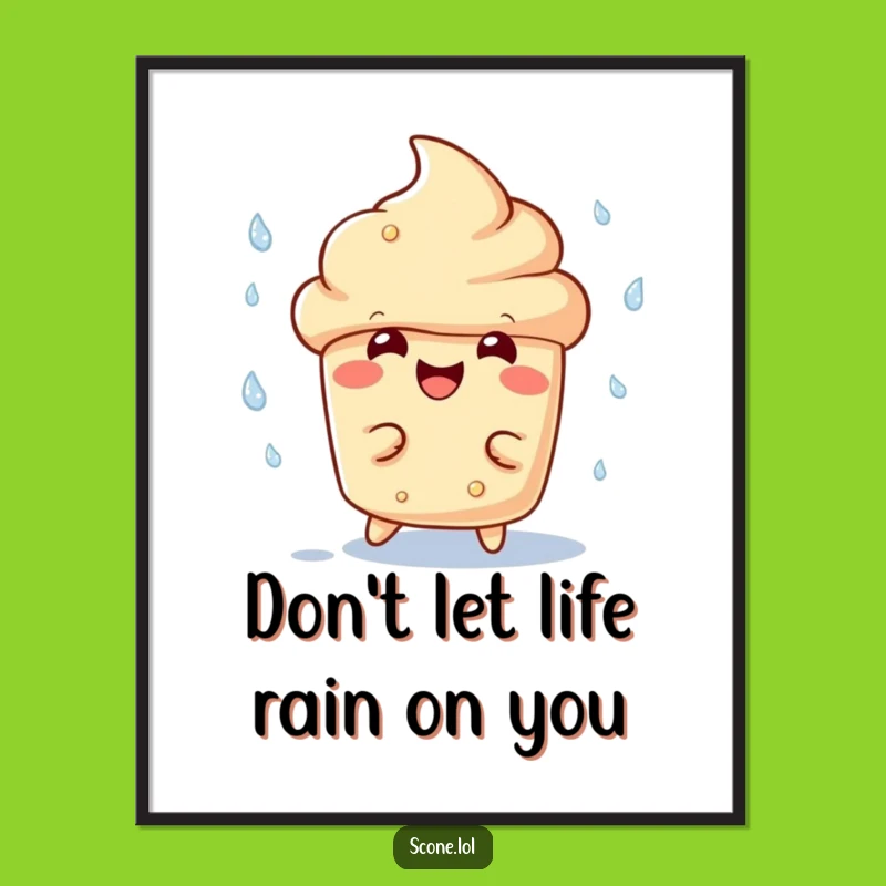 Free Printable Wall Art: Funny Scone Dodging Raindrops, Humorous Downloadable Decor