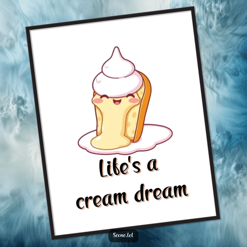 Playful free printable wall art showing a yummy scone joyfully sliding down a fluffy dollop of cream.