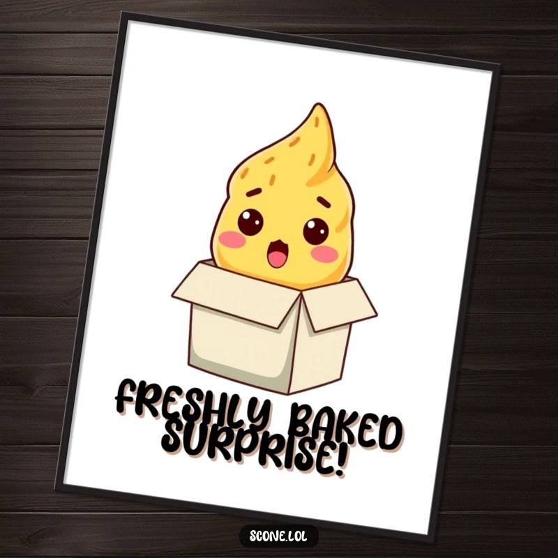 Funny Free Printable Wall Art: A scone with a comically surprised face pokes its head out of a gift box, ready to delight.