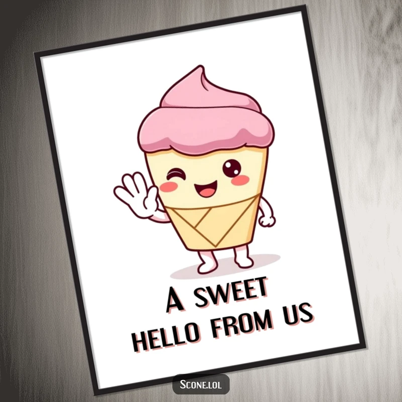 Funny Free Printable Wall Art of a scone character giving a polite wave with its pastry hand, very friendly and welcoming.