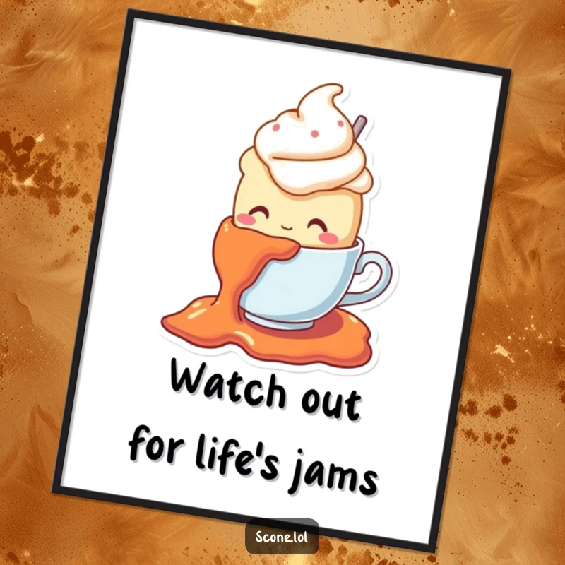 Funny Free Printable Wall Art: A scone character in a teacup hat comically slips on a puddle of jam.