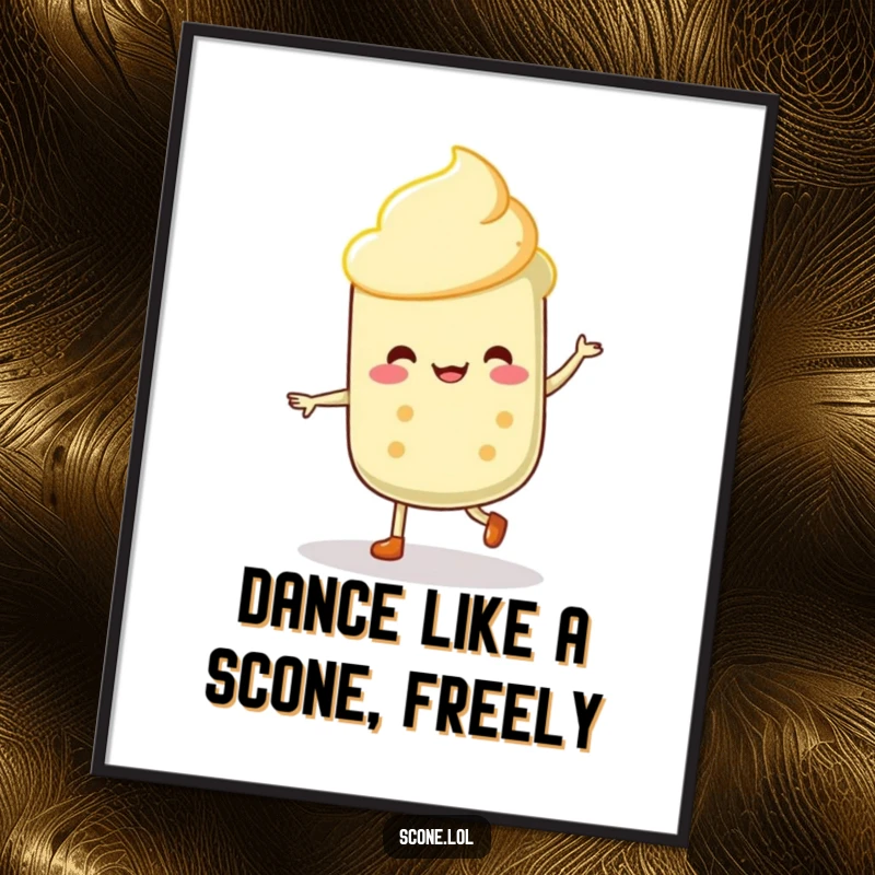 Funny Free Printable Wall Art: A scone character is captured mid-jig, dancing merrily with infectious joy and vibrant energy.