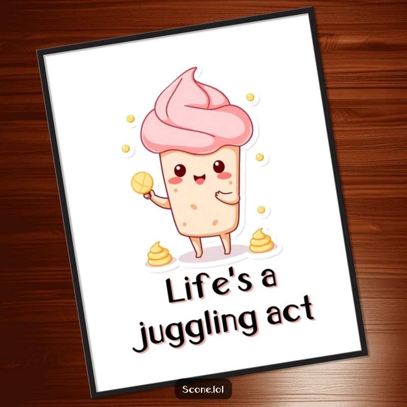 Funny Free Printable Wall Art: A scone character masterfully juggles tiny cream dollops, a humorous home decor piece.