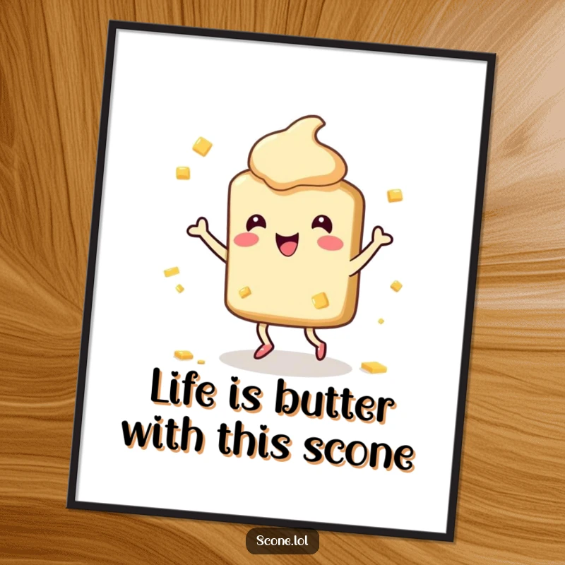Funny Free Printable Scone Wall Art: Scone character happily dancing with playful butter splatters, bringing joy.