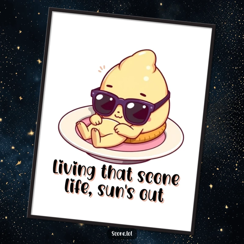 Funny Free Printable wall art depicting a scone character in sunglasses lounging on a plate like a personal sunbed, exuding pure relaxation.