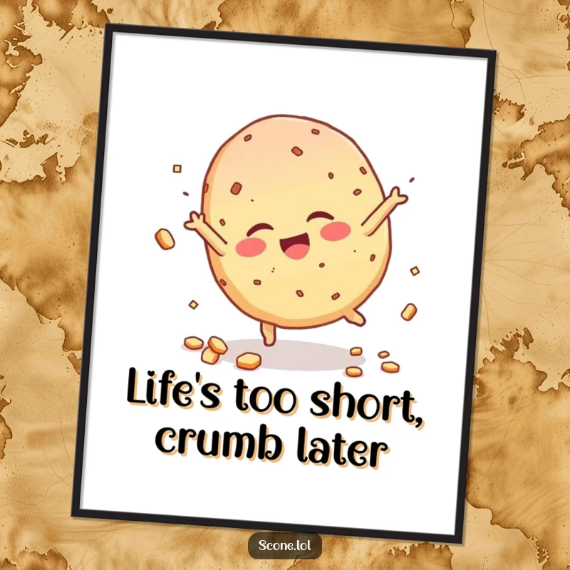 Funny free printable wall art of a giggling scone performing a cartwheel with a playful scattering of crumbs.