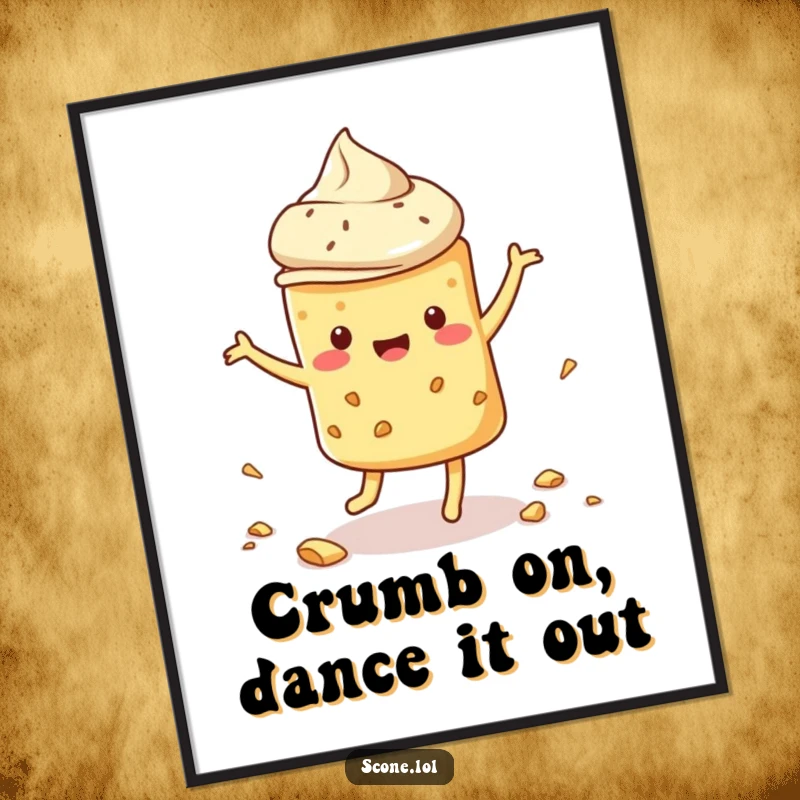 Funny Free Printable Wall Art of a scone enthusiastically dancing, with crumbs scattered around its joyful movement.
