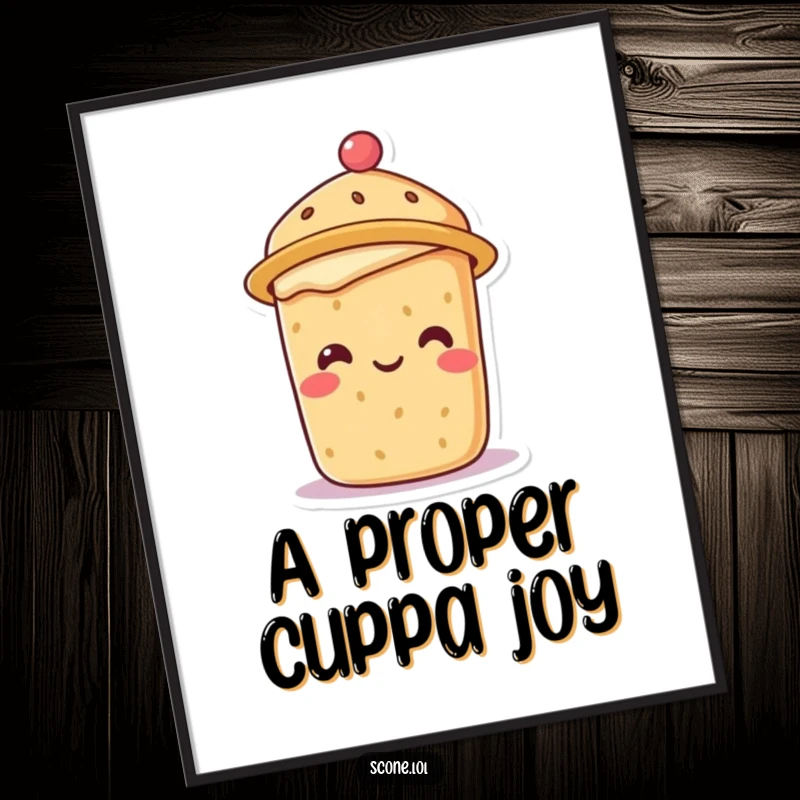 Funny Free Printable Wall Art featuring a smiling scone character looking quite distinguished in a tiny, chic tea hat.