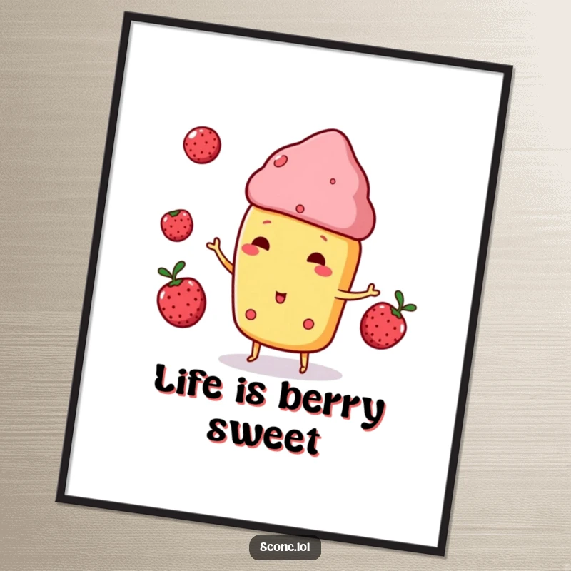 Funny free printable wall art of a scone character playfully juggling three small, round berries with a cheerful expression.
