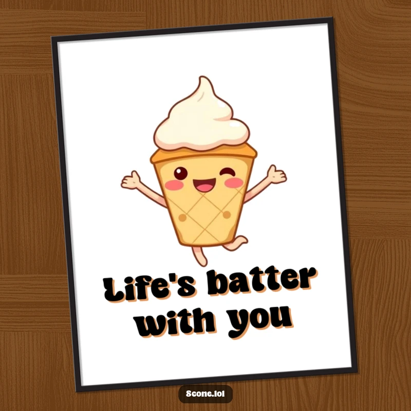 Funny free printable wall art of a smiling scone character with a cream hat, caught mid-air with joy.