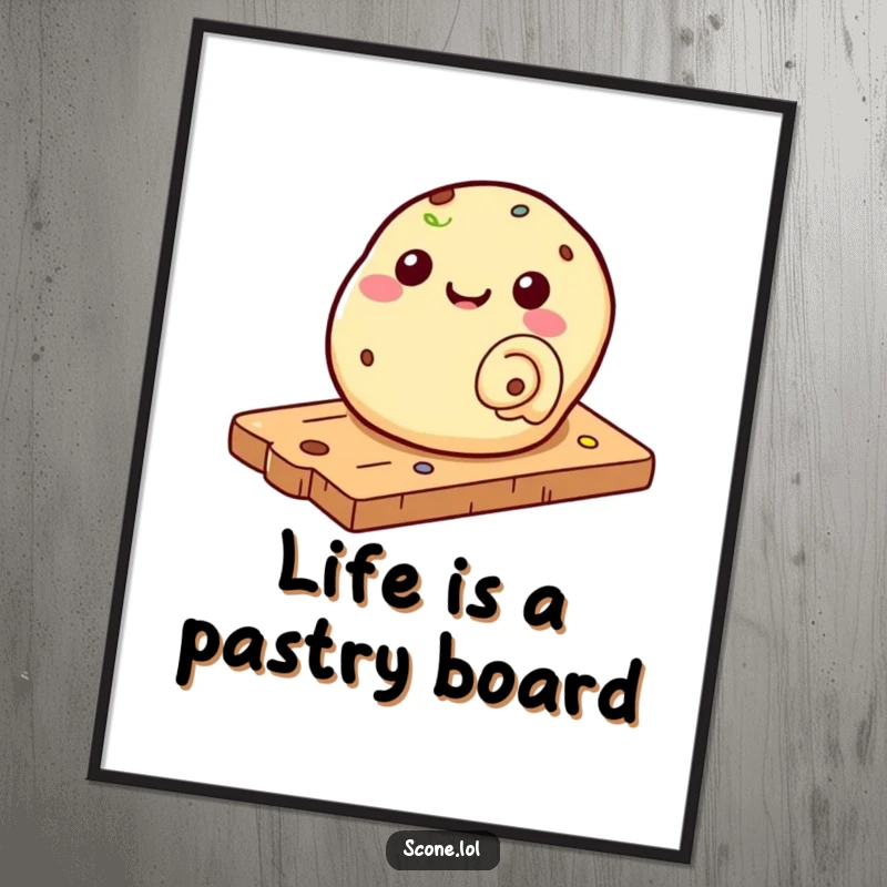 Funny Free Printable Wall Art: A scone rolls merrily down a pastry board, creating a humorous and artistic scene. Downloadable decor.