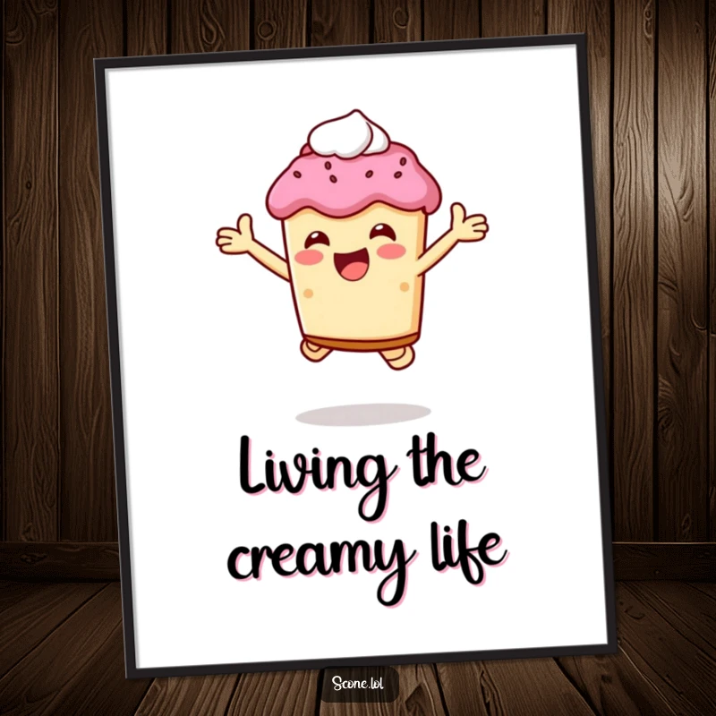Funny Free Printable Wall Art showing a scone character mid-jump, happily holding a large dollop of cream.
