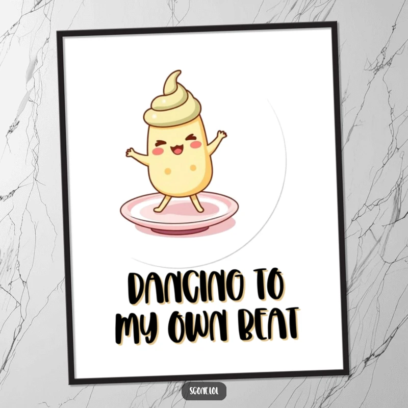 Funny Free Printable Wall Art illustrating a scone character performing an enthusiastic, silly jig while balanced on a saucer.