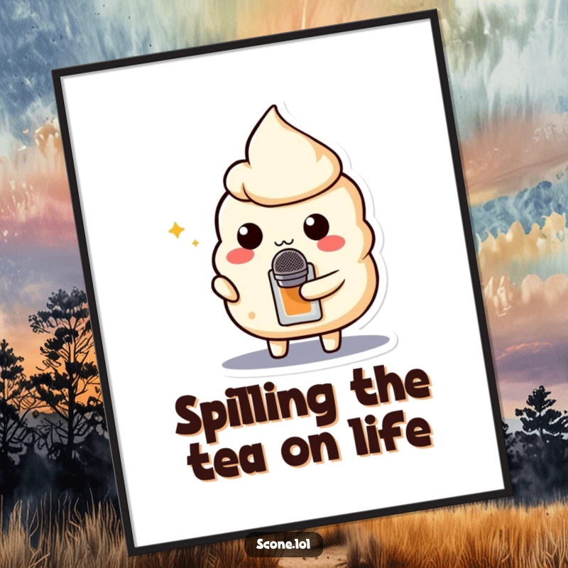 Funny Free Printable Wall Art: A scone character holding a small teabag like a microphone, performing with gusto.