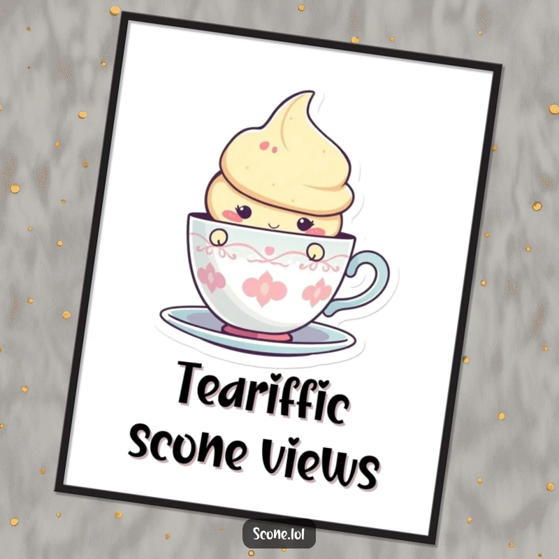 Funny Free Printable Wall Art: A scone character peeking slyly from behind a graphic teacup, full of charm.