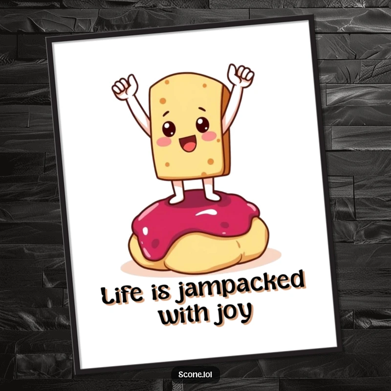 Funny Free Printable Wall Art: Scone character striking an epic, triumphant pose standing proudly on a large dollop of jam.