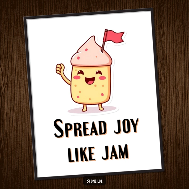 Funny free printable wall art of a jubilant scone character enthusiastically waving a tiny flag from a jam jar.