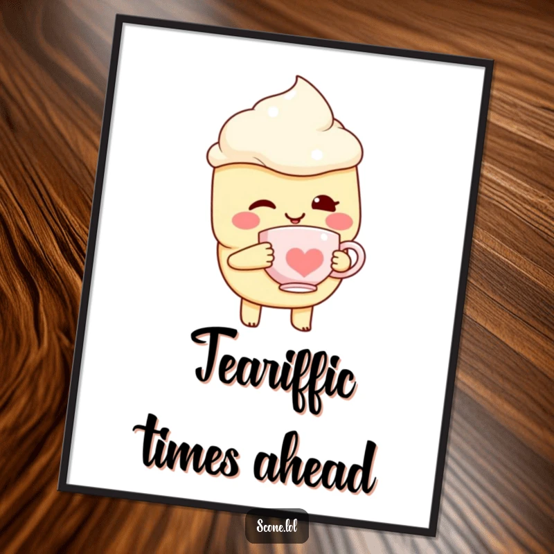 Funny free printable wall art of a delighted scone character winking while holding a tiny teacup with a smile.