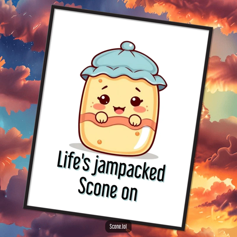 Funny Free Printable Wall Art of a scone character making a funny face from inside a jam jar.