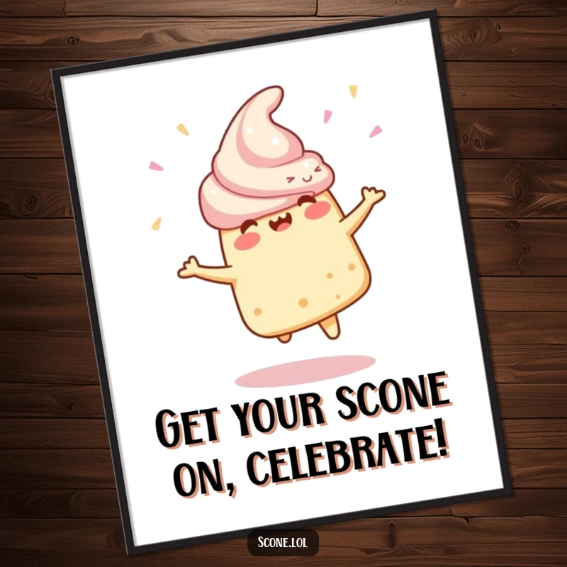 Funny Free Printable Wall Art of a scone character in a mid-air celebratory spin, capturing pure, unadulterated joy.