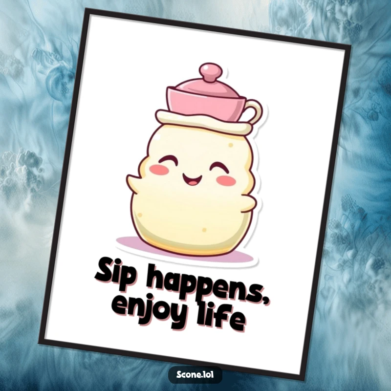 Funny Free Printable Wall Art: A grinning scone character poses elegantly, wearing a tiny teacup as a chic hat.