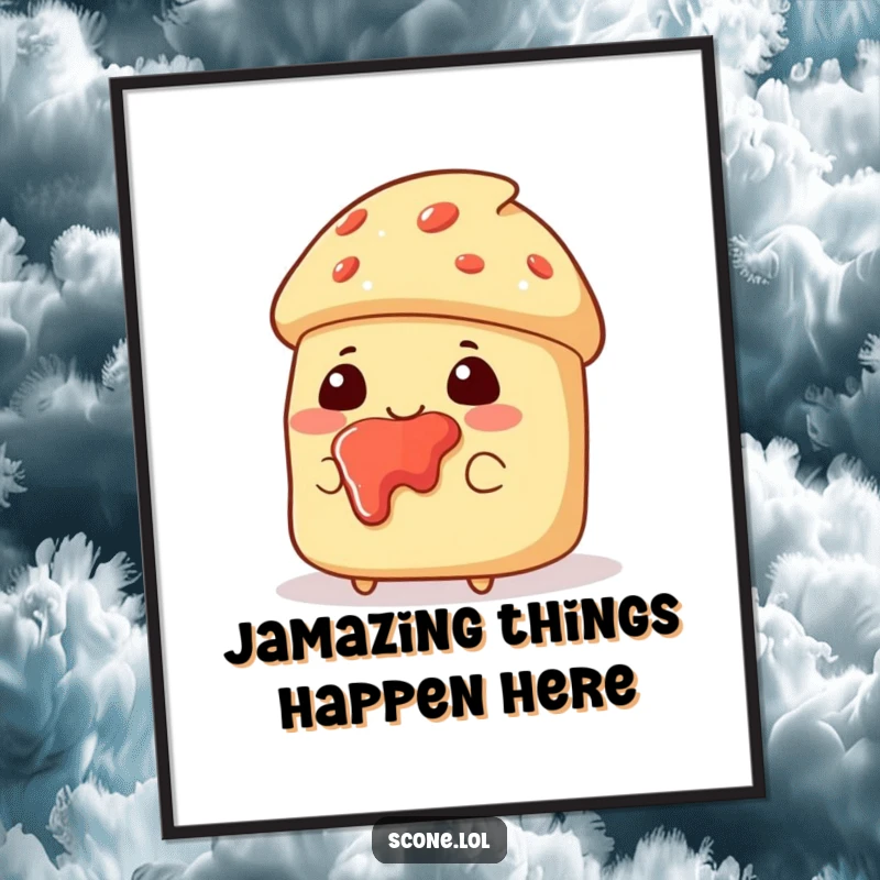 Funny Free Printable Wall Art: A scone character wears a happy, pleased expression with jam delightfully splattered across its face.