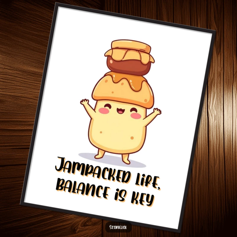 Funny Free Printable Wall Art: A scone character precariously balances a jar of jam on its head with a determined expression.