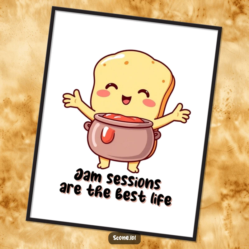 Funny Free Printable Scone Wall Art: Scone character embracing a pot of jam with open arms, exuding warmth.