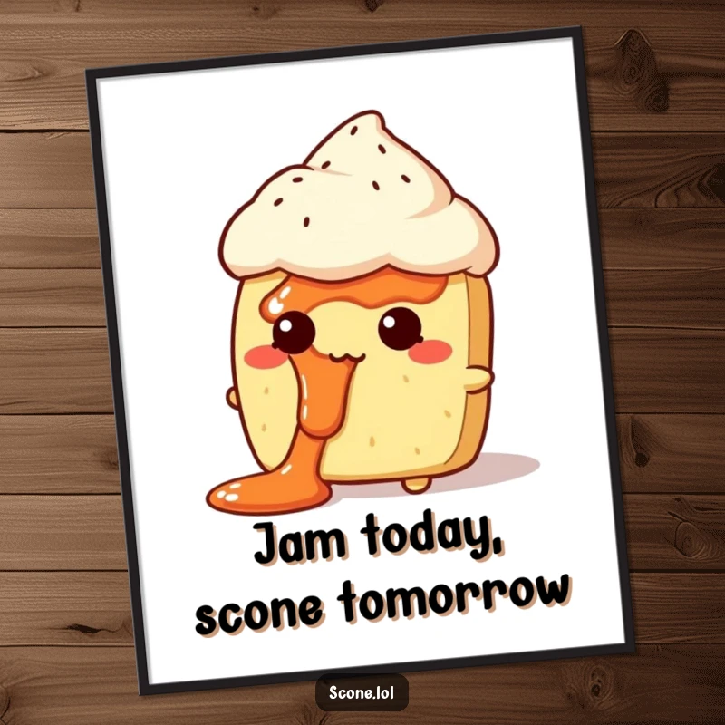 Funny Free Printable Wall Art: A scone character looks comically bewildered with a large, messy blob of jam smeared on its face.