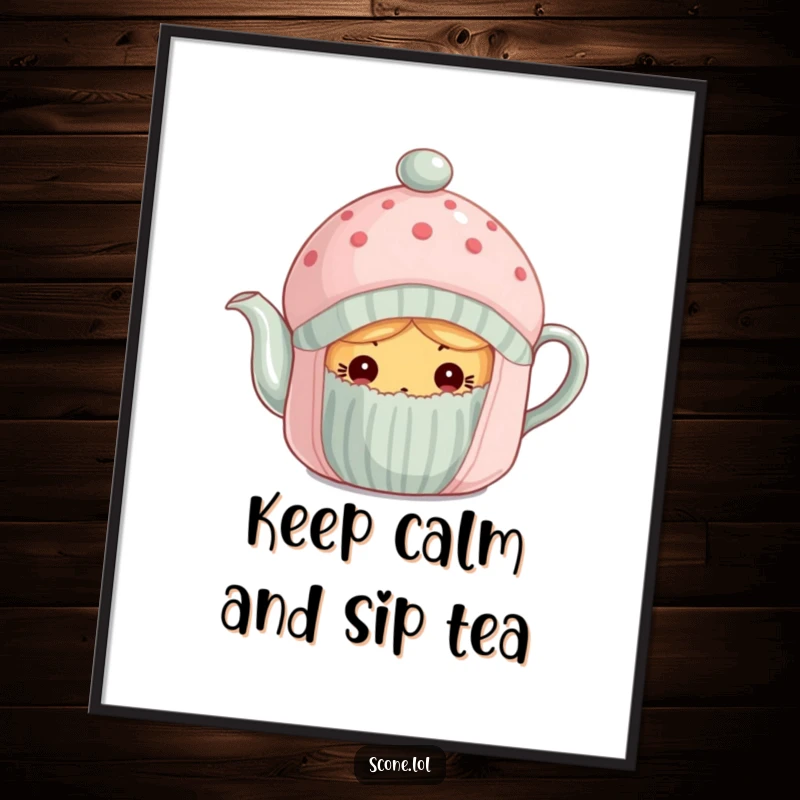 Funny Free Printable Wall Art: A scone with wide, curious eyes, peeking out from the safety of a tea cozy.