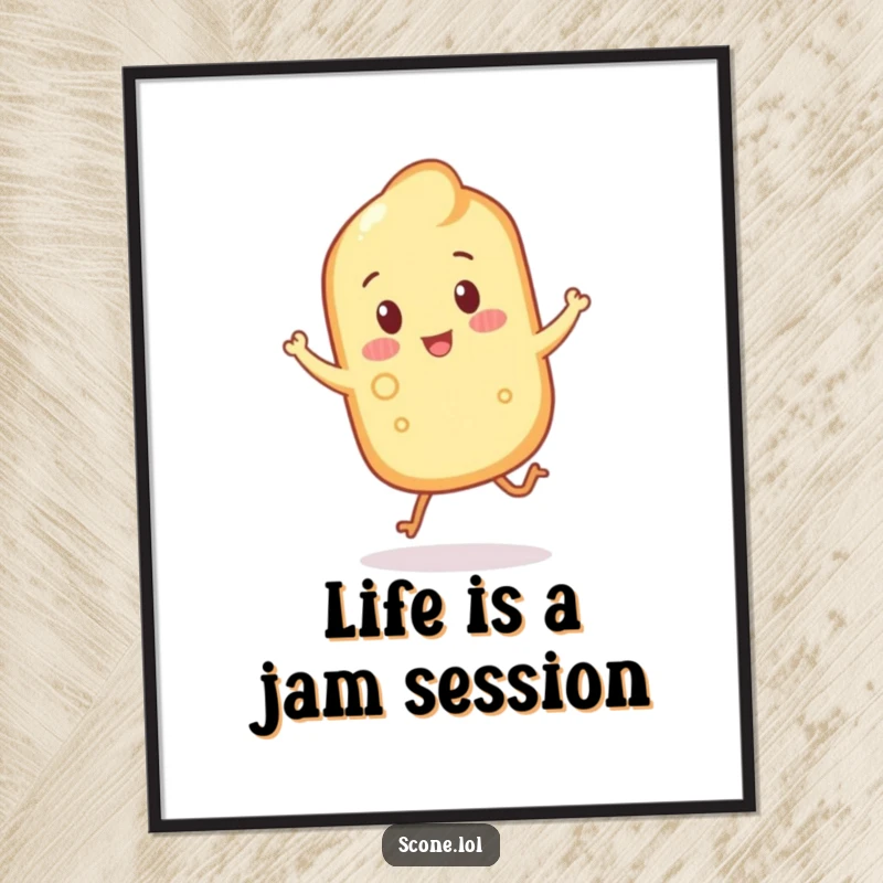 Funny Free Printable Wall Art: A scone with crumbly legs captured mid-hop, full of playful energy and delight.