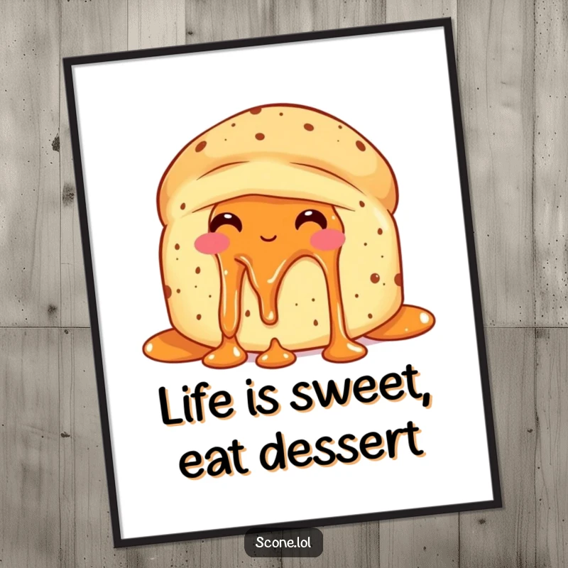 Funny Free Printable Wall Art: A scone with jam dripping, looking utterly delighted and pleased with its delicious mess.