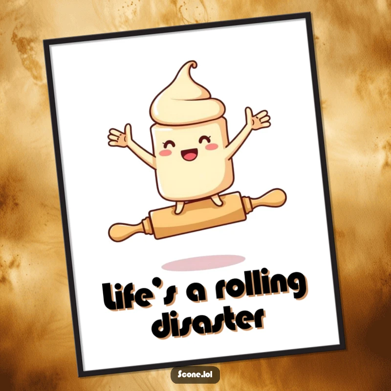 Funny Free Printable Wall Art: A scone character performs a precarious balance on a rolling pin, arms flailing.