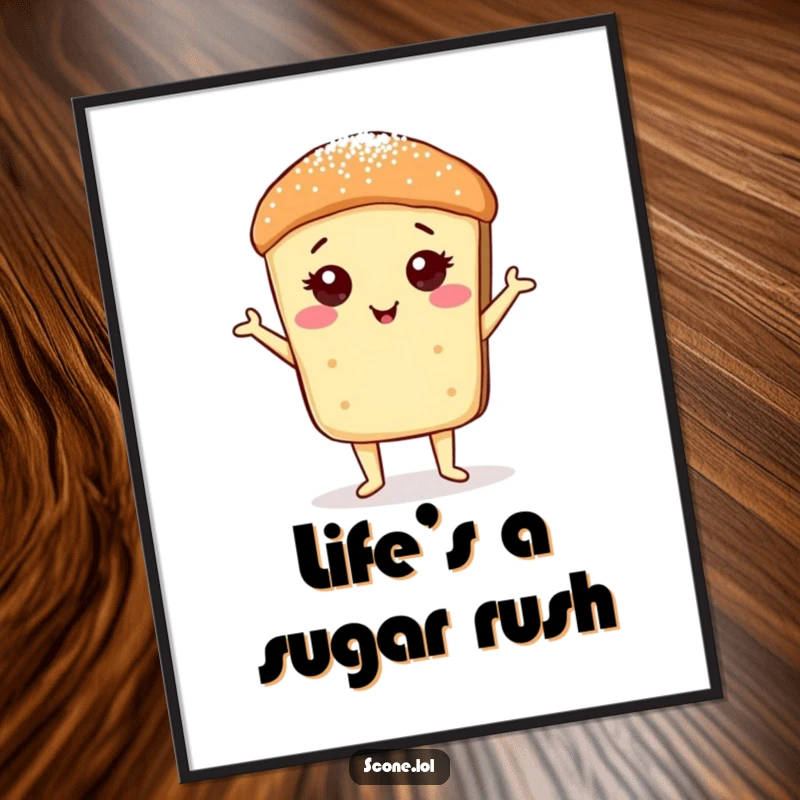 Stylish free printable wall art of a scone striking a proud, confident pose with a shimmering sugar dusting.