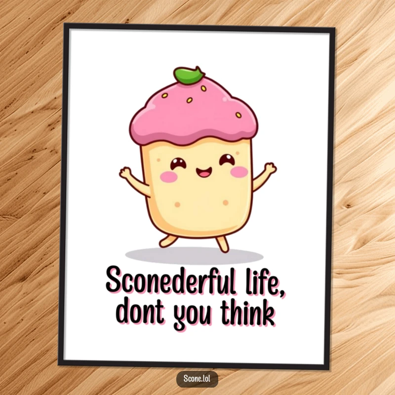 Funny Free Printable Wall Art: A smiling scone character is captured mid-bounce, radiating pure, unadulterated happiness.