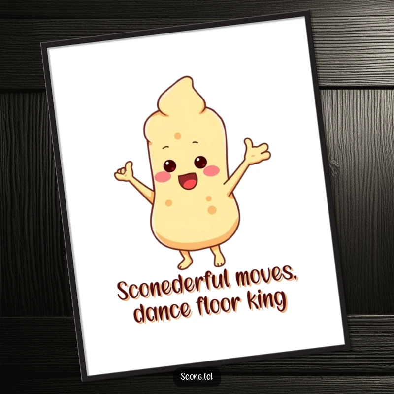 Funny Free Printable Wall Art: A scone character with tiny arms dancing wildly, bringing joy to any room.